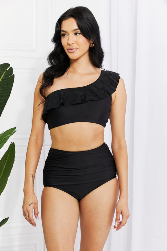 Women Marina West Swim Seaside Romance Ruffle One-Shoulder Bikini in Black