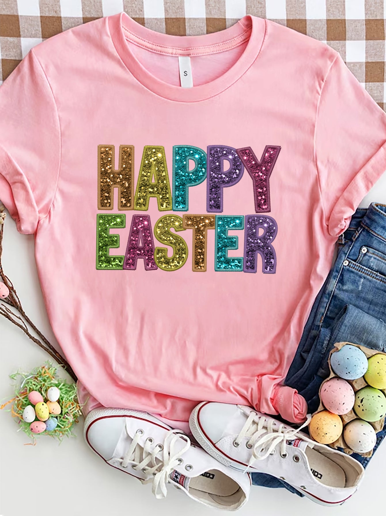 Women Happy Easter Round Neck Short Sleeve T-Shirt nicholesgifts