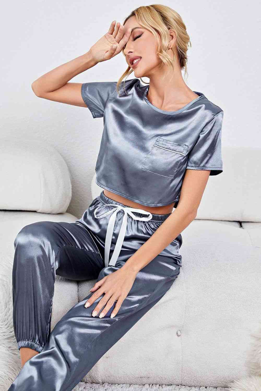 Women Satin Short Sleeve Crop Top and Joggers Lounge Set nicholesgifts