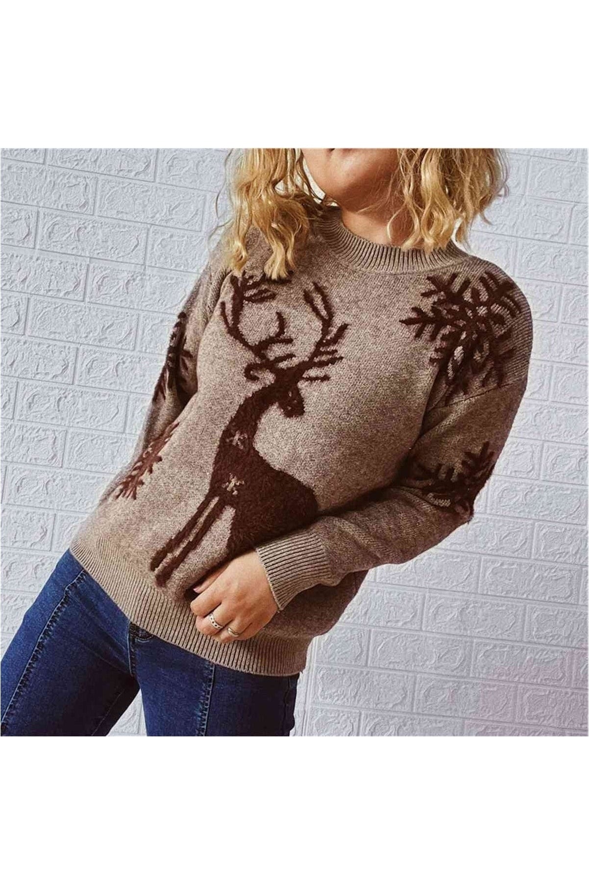 Women Reindeer and Snowflake Pattern Christmas Sweater nicholesgifts