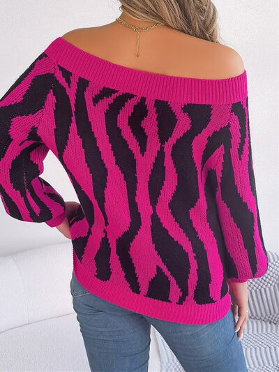 Women Off-Shoulder Animal Print Long Sleeve Sweater nicholesgifts