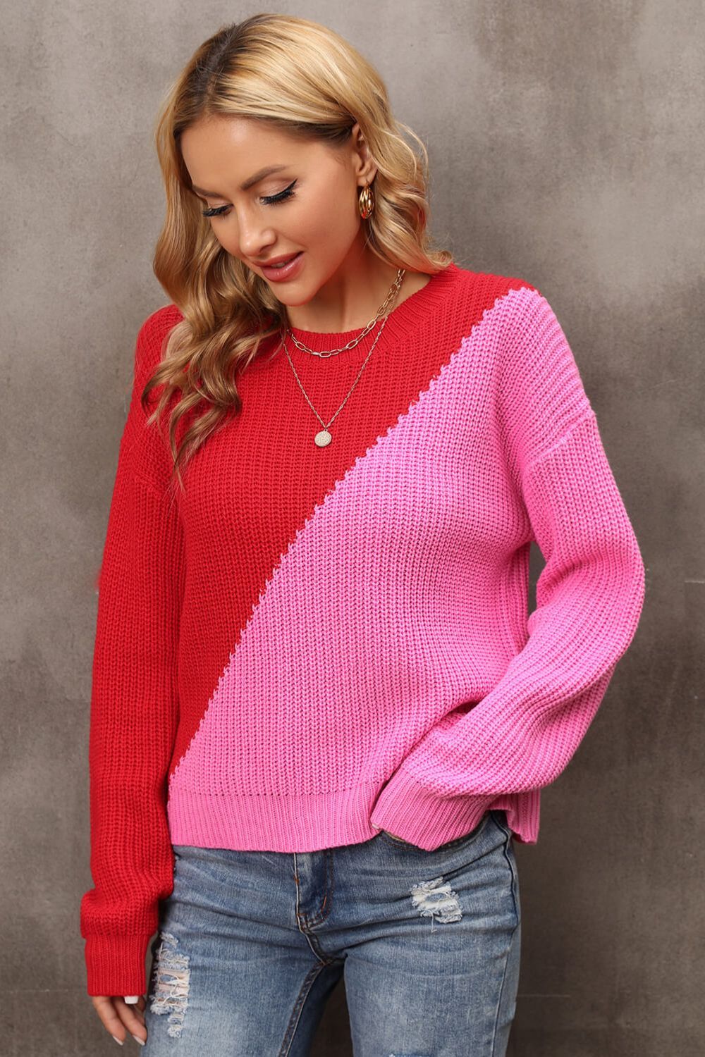 Women Two-Tone Round Neck Dropped Shoulder Sweater nicholesgifts