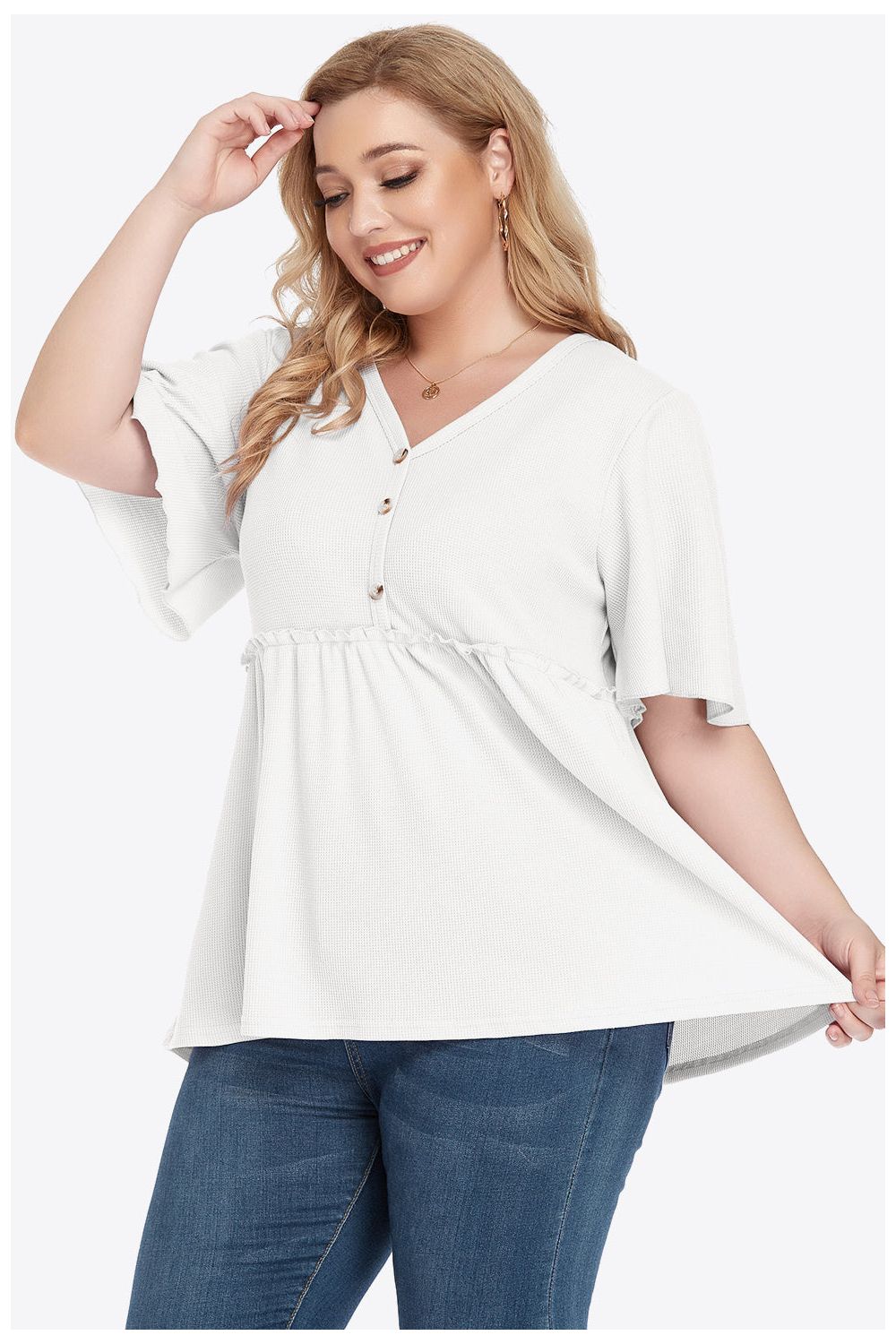 Plus Size Women Buttoned V-Neck Frill Trim Babydoll Blouse nicholesgifts