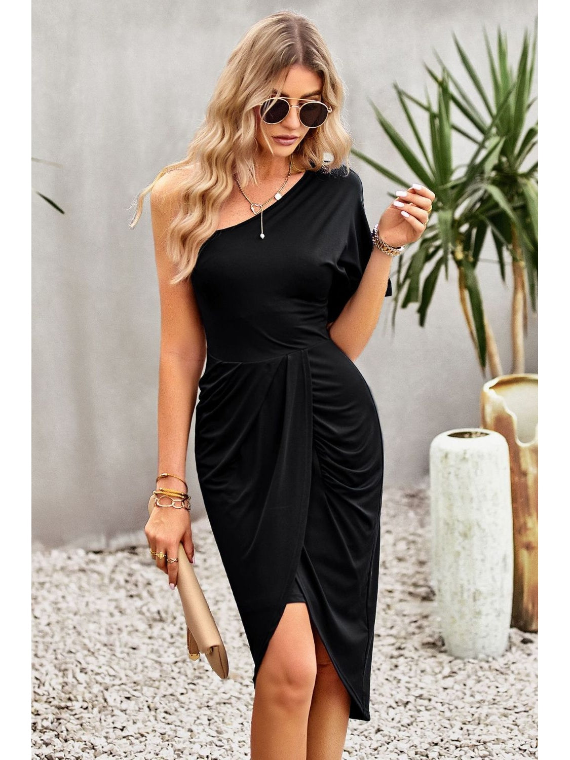 Women Ruched One-Shoulder Tulip Hem Dress nicholesgifts