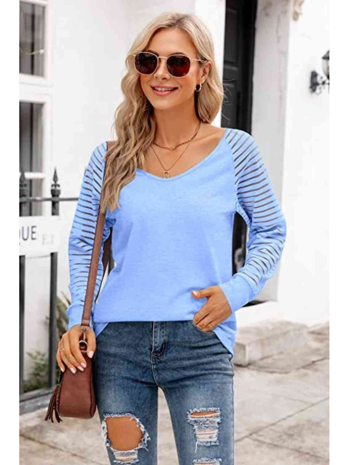 Women V-Neck Long Raglan Sleeve Top nicholesgifts