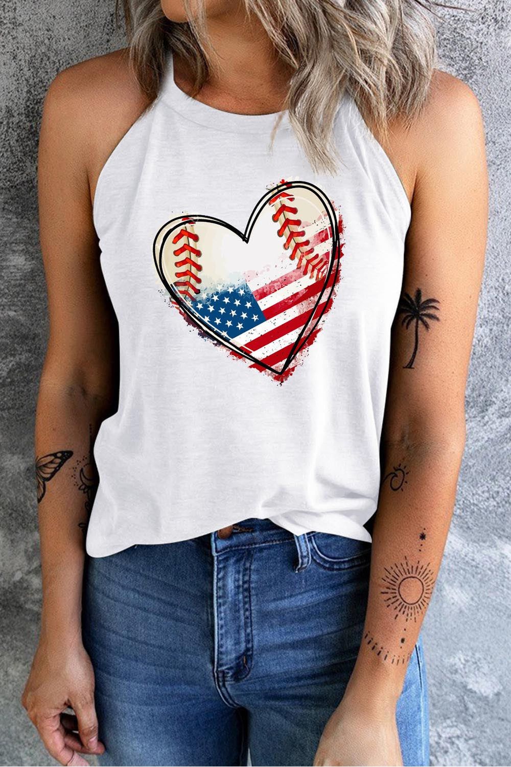 Women US Flag Heart Graphic Tank nicholesgifts