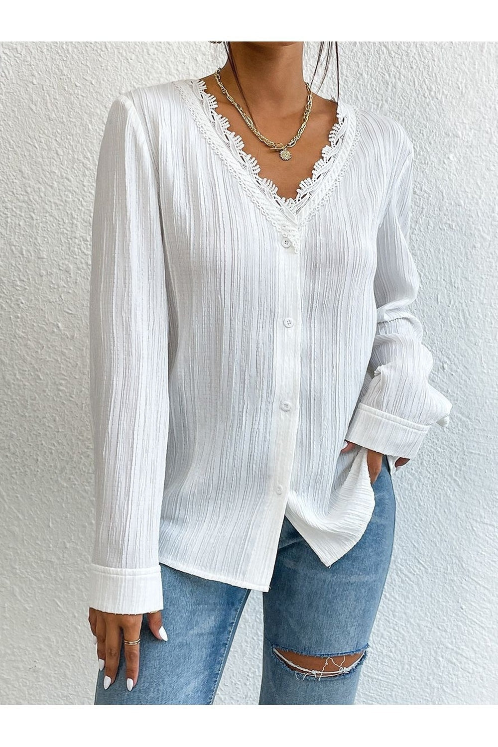 Women Lace Trim V-Neck Long Sleeve Shirt nicholesgifts