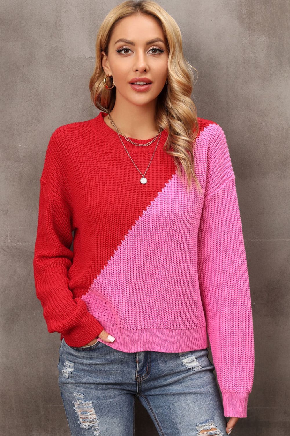 Women Two-Tone Round Neck Dropped Shoulder Sweater nicholesgifts