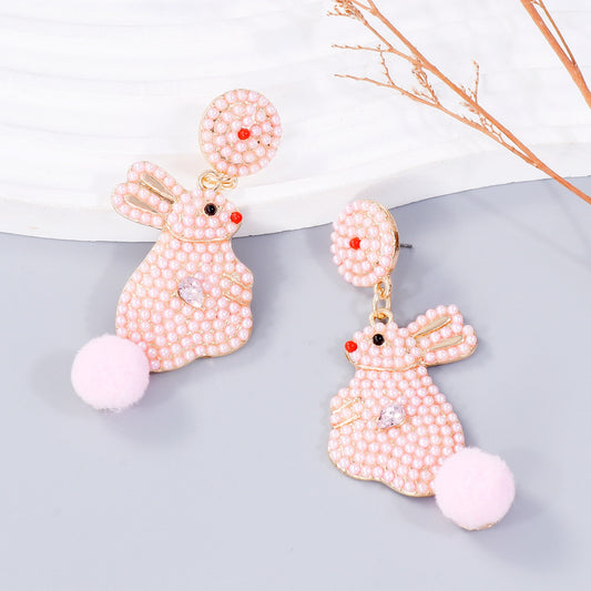 Women Synthetic Pearl Alloy Rabbit Dangle Easter Earrings nicholesgifts