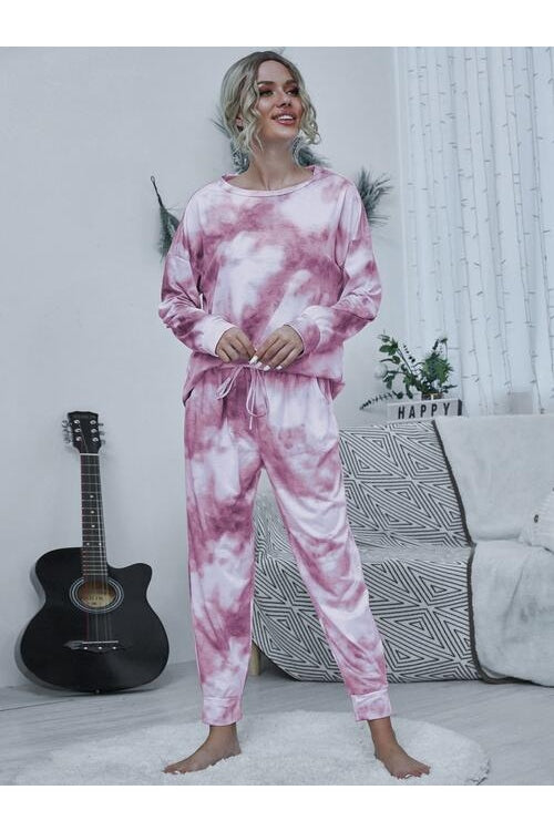 Women Tie-dye Round Neck Top and Drawstring Pants Lounge Set nicholesgifts