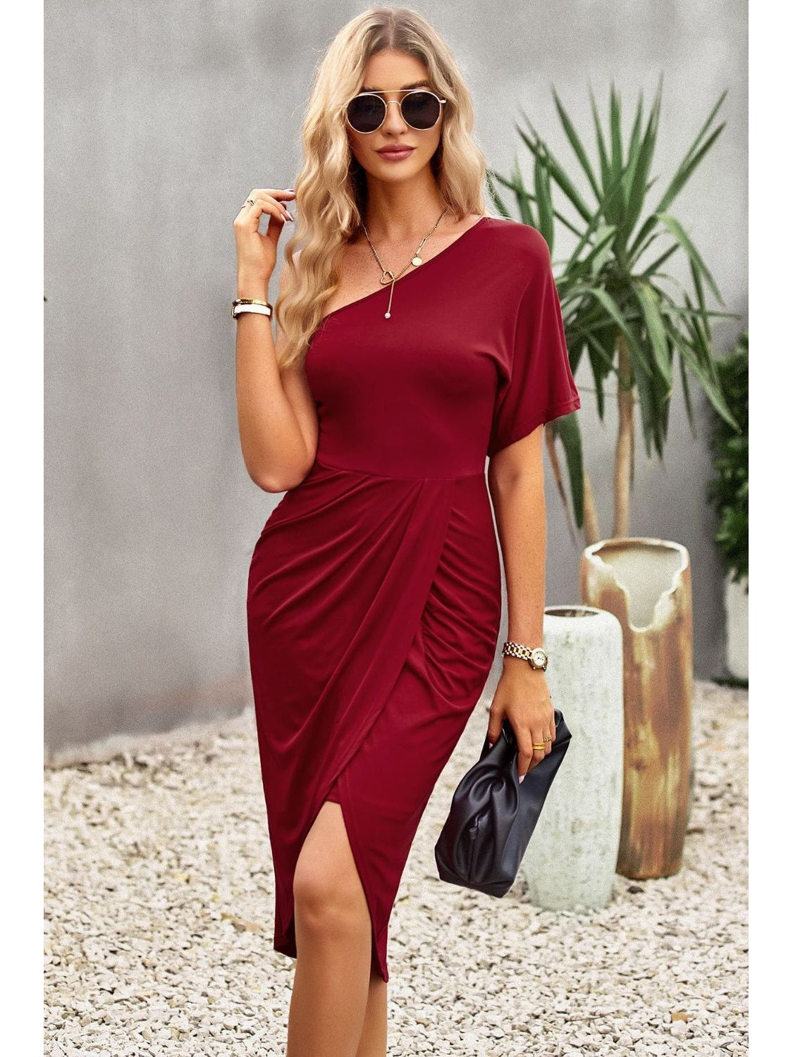 Women Ruched One-Shoulder Tulip Hem Dress nicholesgifts