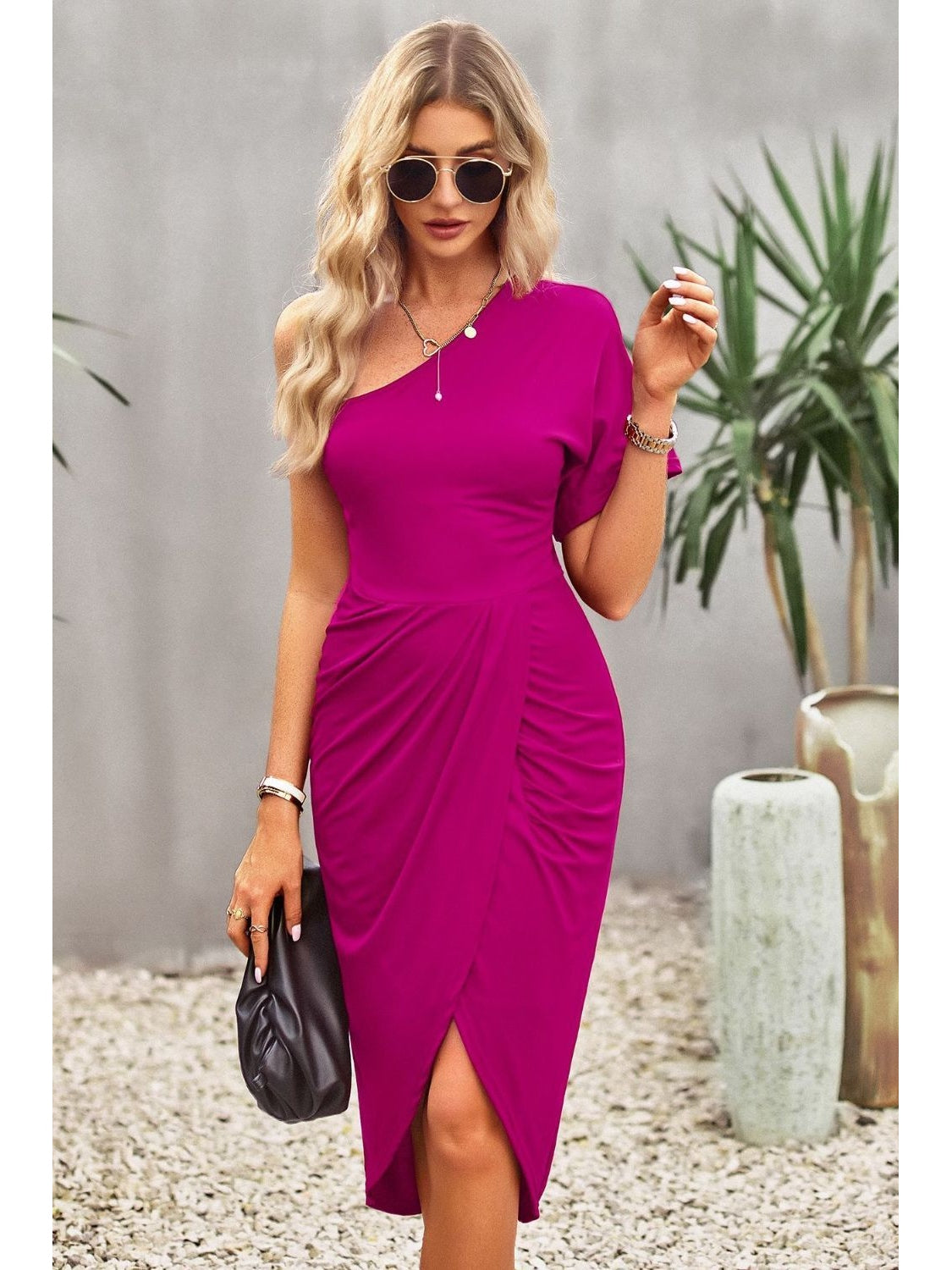 Women Ruched One-Shoulder Tulip Hem Dress nicholesgifts