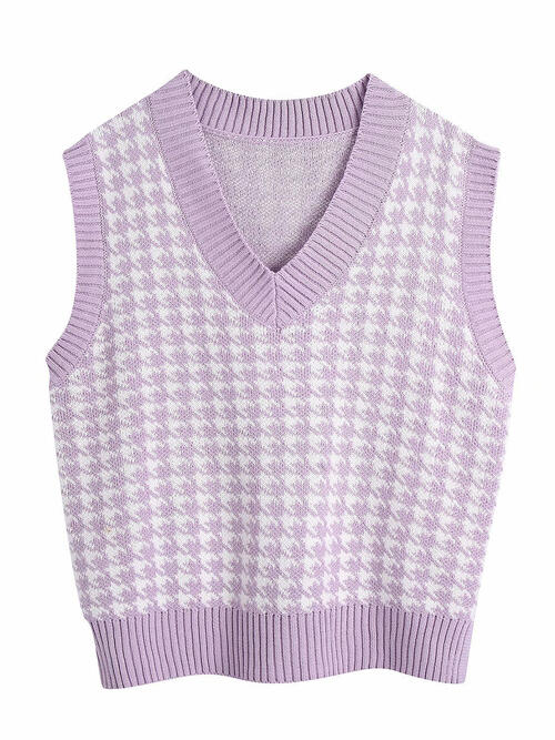 Women Houndstooth V-Neck Sweater Vest nicholesgifts