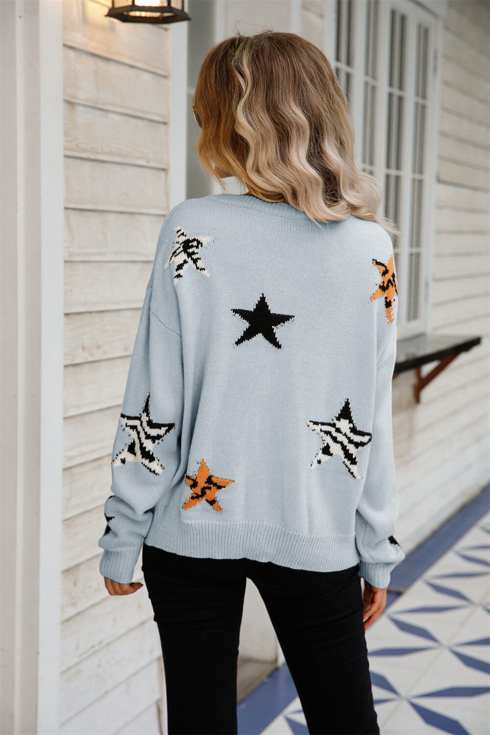 Women Star Pattern Round Neck Dropped Shoulder Sweater nicholesgifts