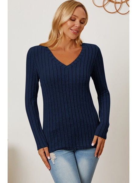 Women Basic Full Size Ribbed V-Neck Long Sleeve T-Shirt nicholesgifts