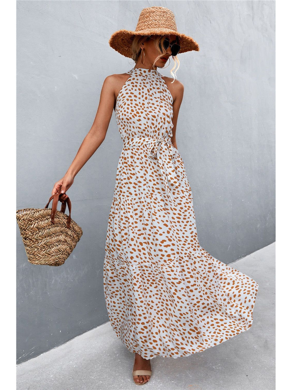 Women Printed Sleeveless Tie Waist Maxi Dress nicholesgifts