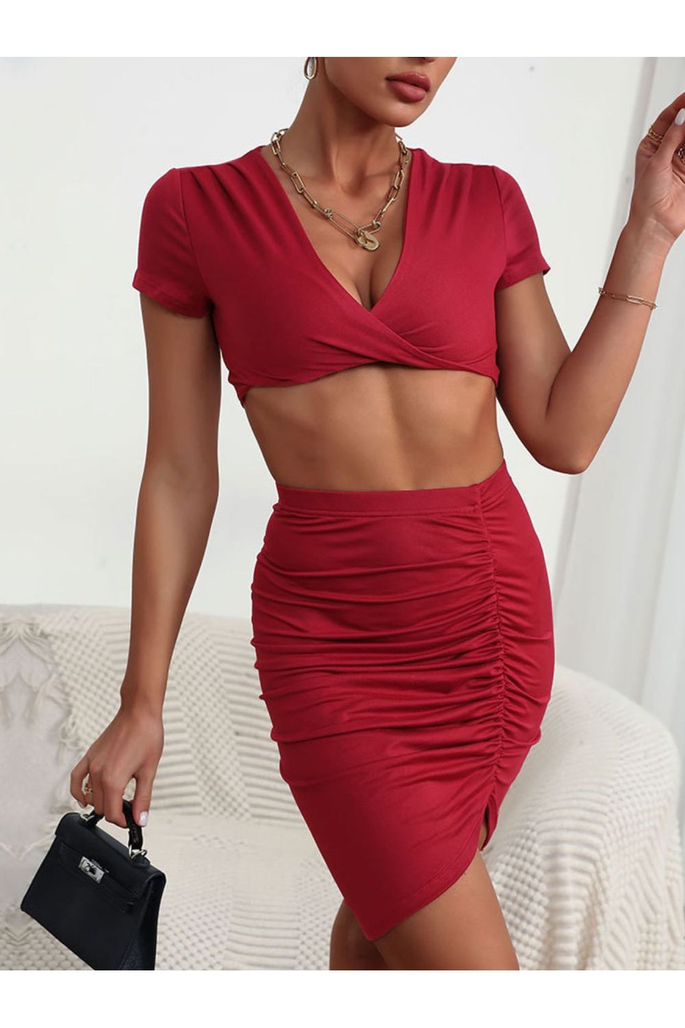 Women Twisted Deep V Cropped Top and Ruched Skirt Set
