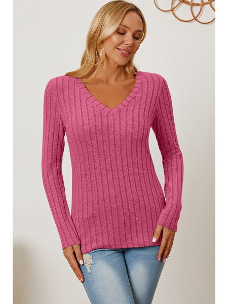 Women Basic Full Size Ribbed V-Neck Long Sleeve T-Shirt nicholesgifts