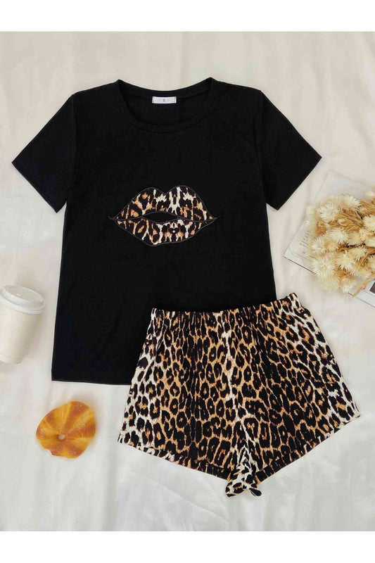 Women Leopard Lip Graphic Top and Shorts Lounge Set nicholesgifts