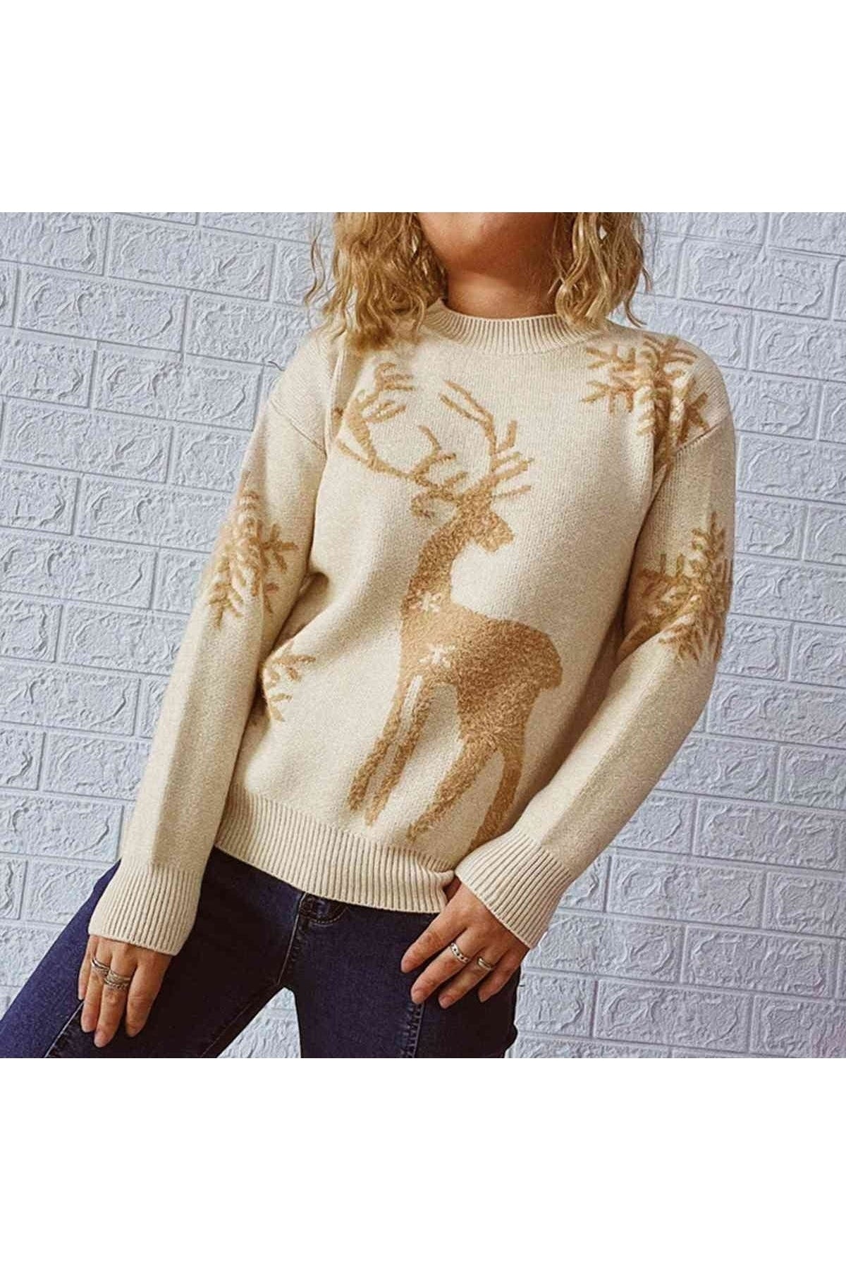 Women Reindeer and Snowflake Pattern Christmas Sweater nicholesgifts