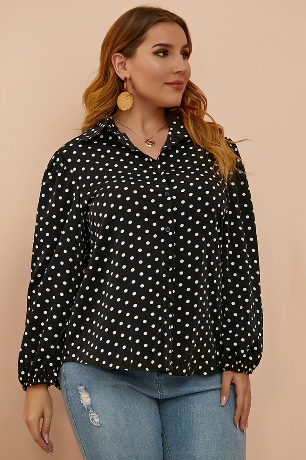 Plus Size Women Black Polka Dot Balloon Sleeve Shirt - NicholesGifts.online
