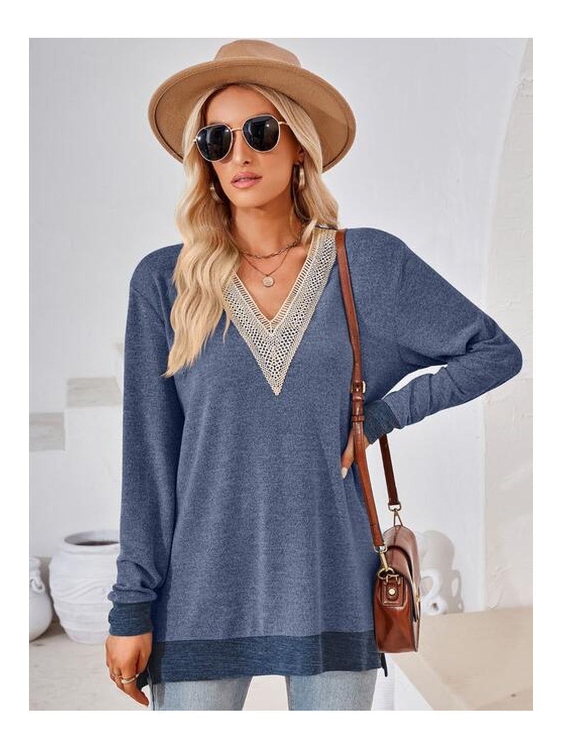 Women Crochet Contrast V-Neck Long Sleeve Slit T-Shirt nicholesgifts