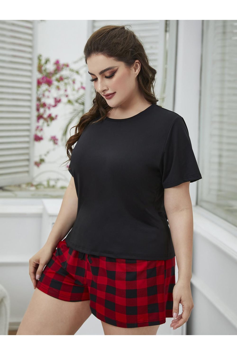 Plus Size Women Round Neck Tee Shirt and Plaid Shorts Lounge Set nicholesgifts