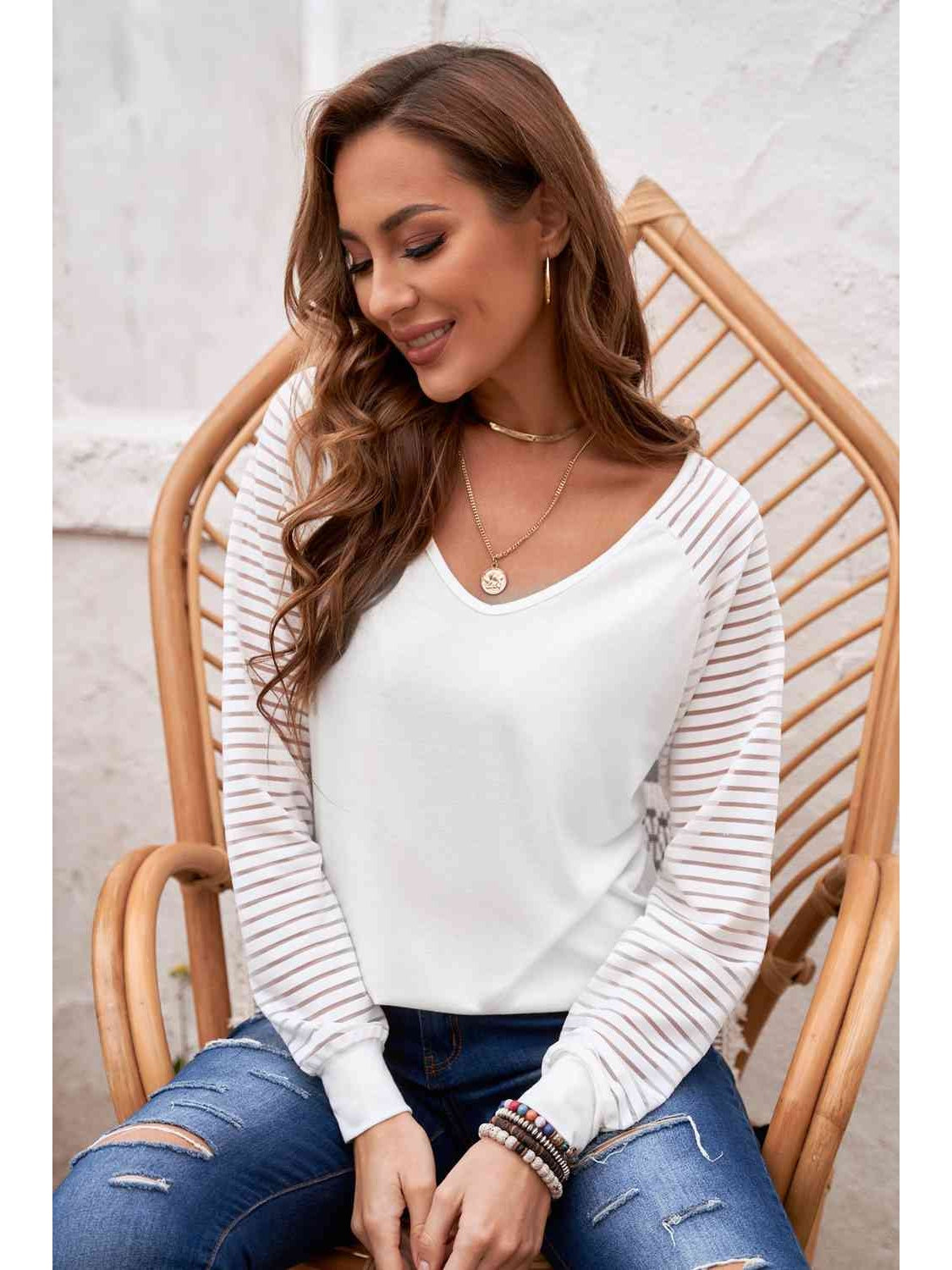 Women Sheer Striped V-Neck Top nicholesgifts