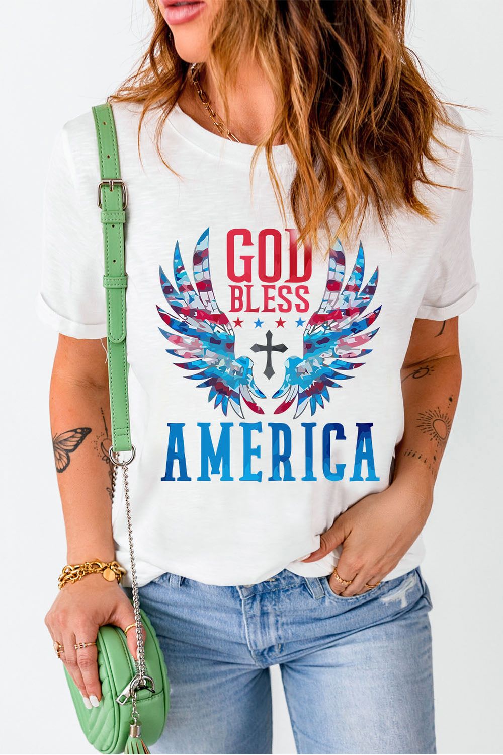 Women GOD BLESS AMERICA Cuffed Tee Shirt nicholesgifts