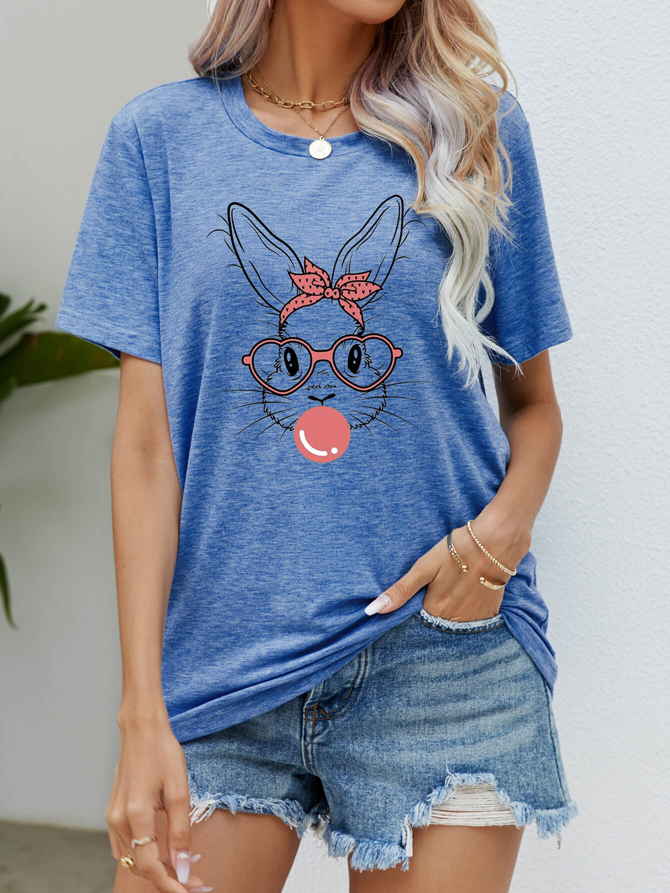Women Easter Bunny Graphic Round Neck T-Shirt nicholesgifts
