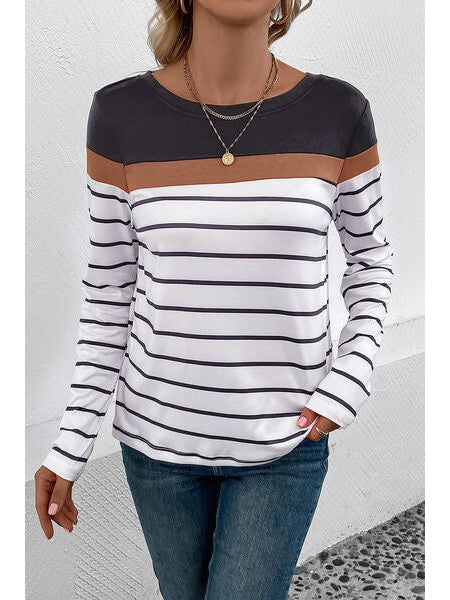 Women Striped Round Neck Long Sleeve T-Shirt nicholesgifts