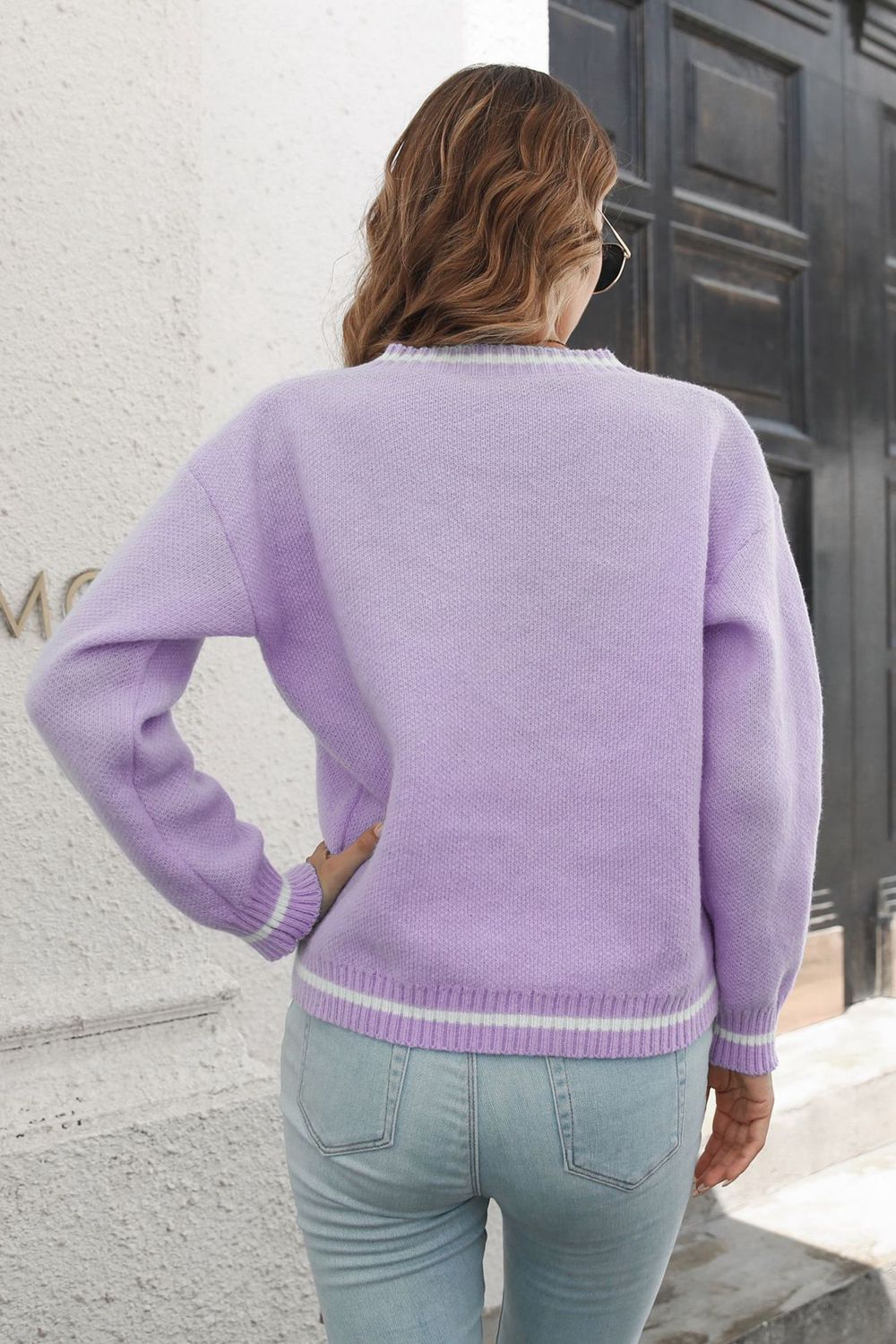 Women Skeleton Pattern V-Neck Long Sleeve Pullover Sweater