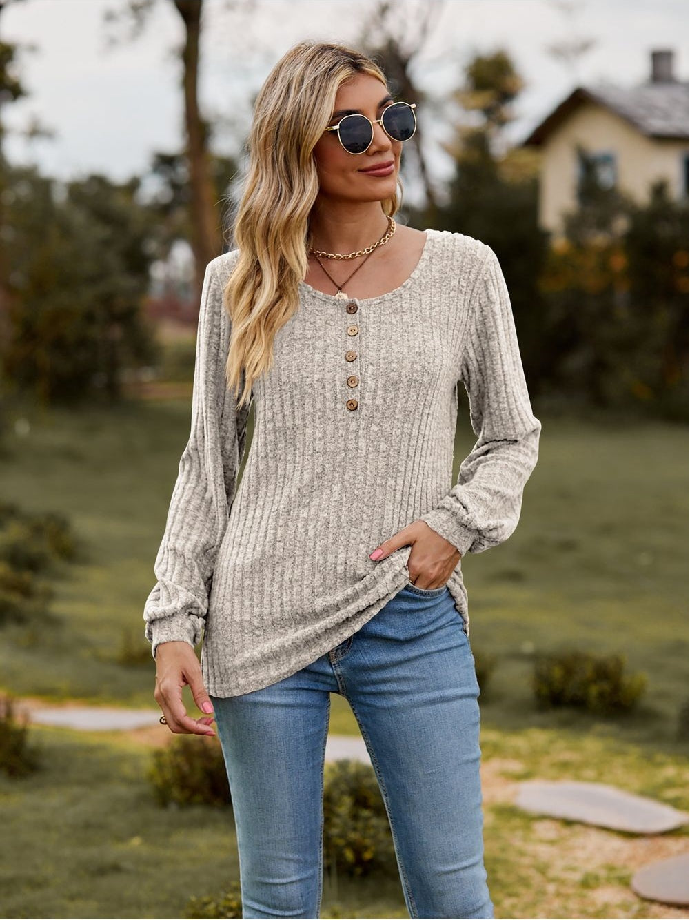 Women Round Neck Button-Down Long Sleeve Tee nicholesgifts