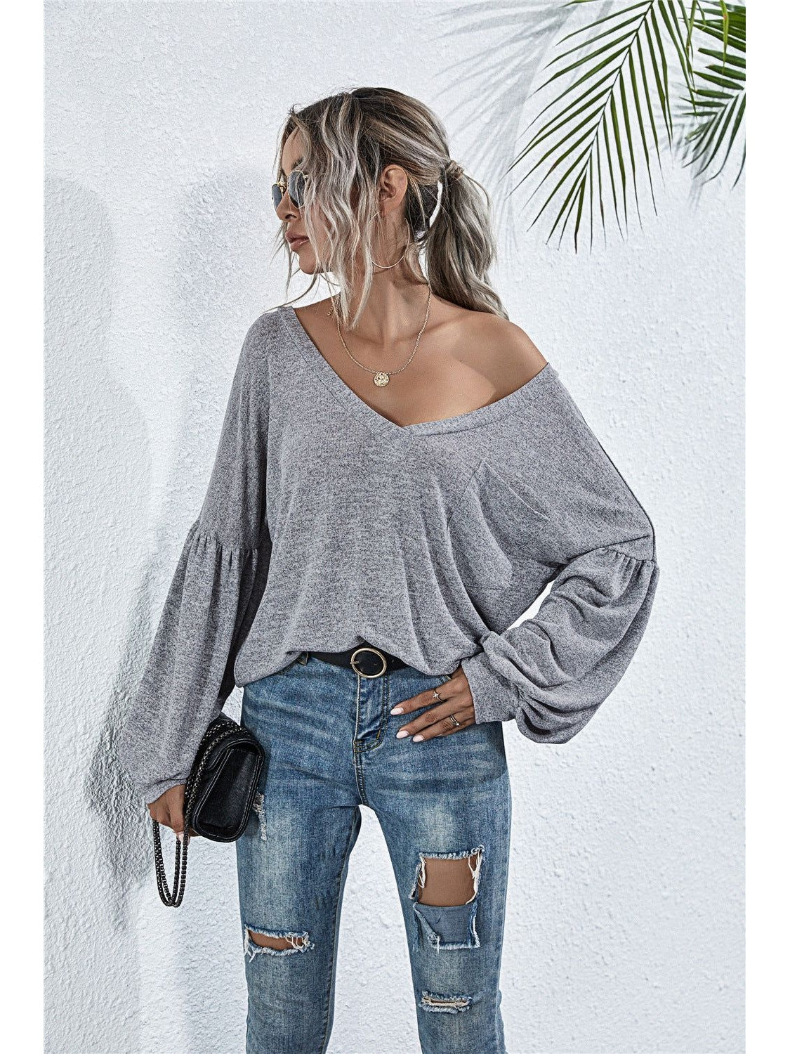 Women V-Neck Long Sleeve Dropped Shoulder Knit Top nicholesgifts