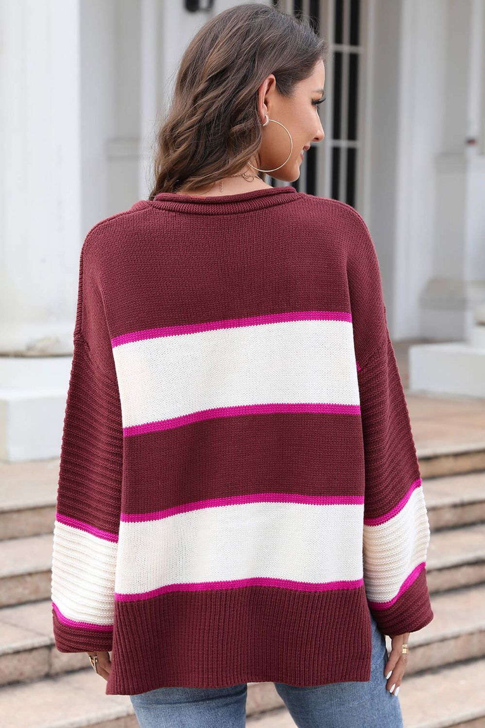 Women Striped Dropped Shoulder Side Slit Sweater nicholesgifts