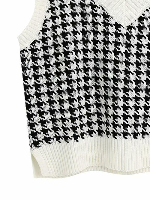 Women Houndstooth V-Neck Sweater Vest nicholesgifts