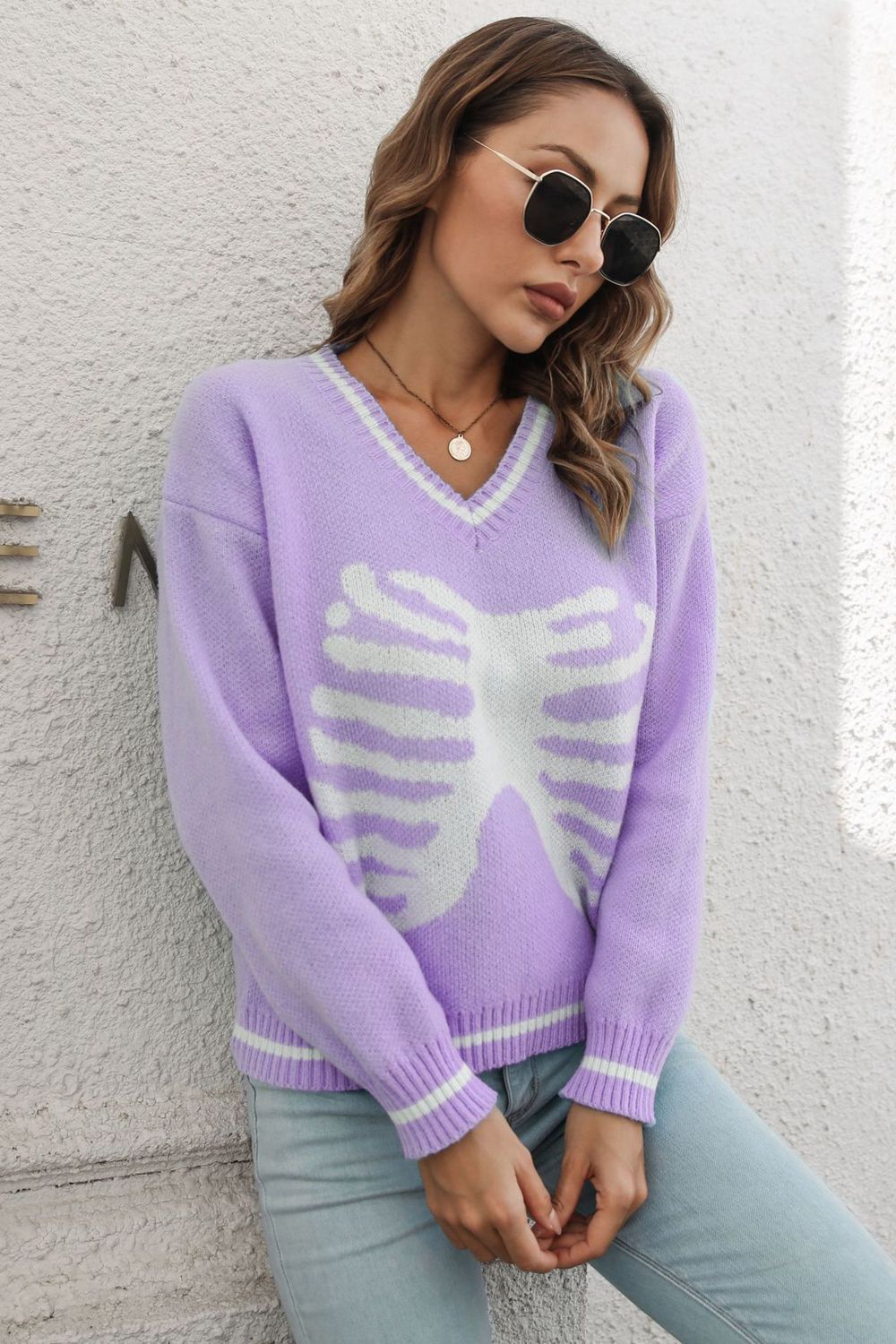 Women Skeleton Pattern V-Neck Long Sleeve Pullover Sweater nicholesgifts