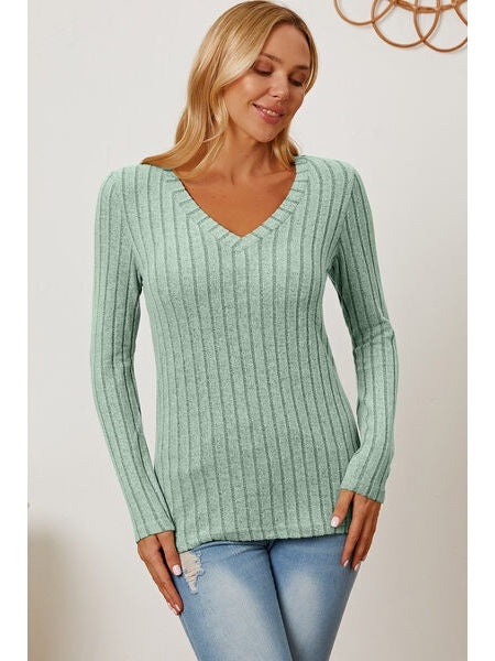 Women Basic Full Size Ribbed V-Neck Long Sleeve T-Shirt nicholesgifts