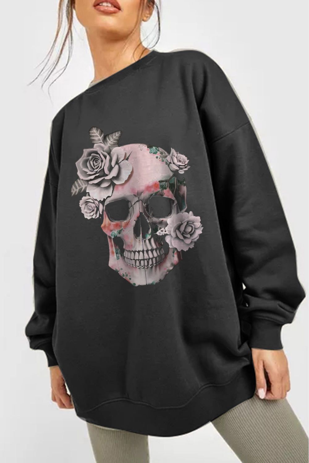 Women Full Size Black Dropped Shoulder SKULL Graphic Sweatshirt - NicholesGifts.online