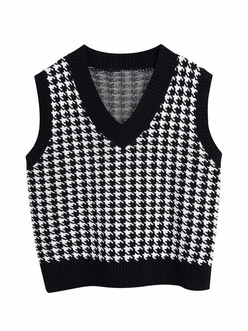 Women Houndstooth V-Neck Sweater Vest nicholesgifts