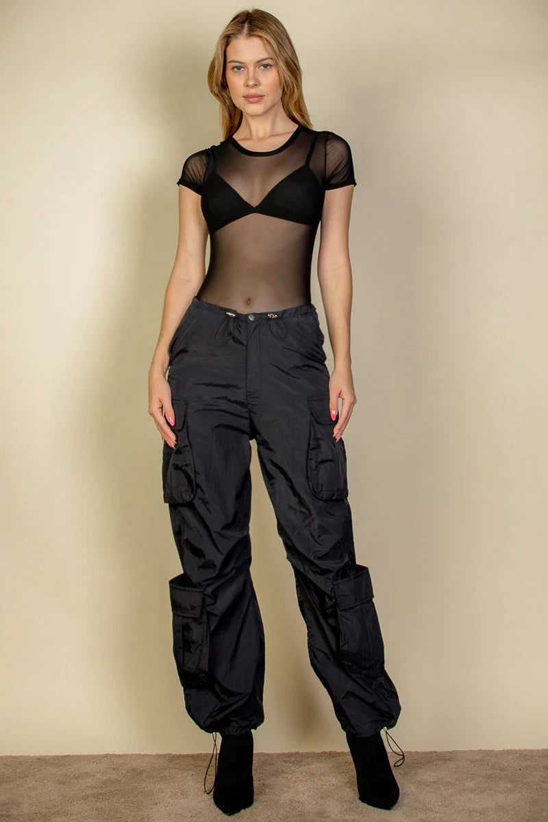 Women Flap Pockets Drawstring Ruched Parachute Pants nicholesgifts