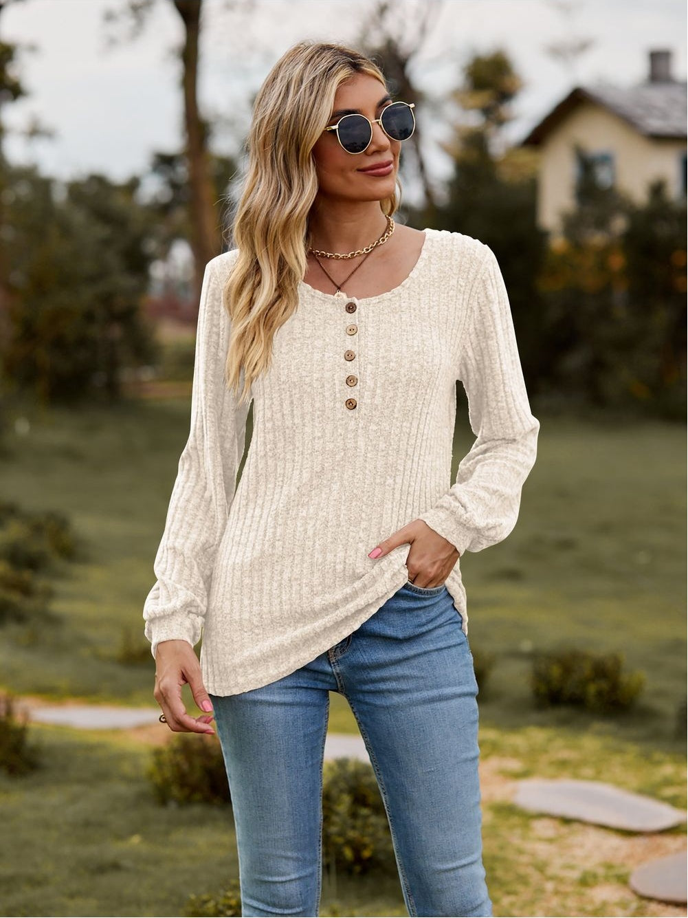 Women Round Neck Button-Down Long Sleeve Tee nicholesgifts