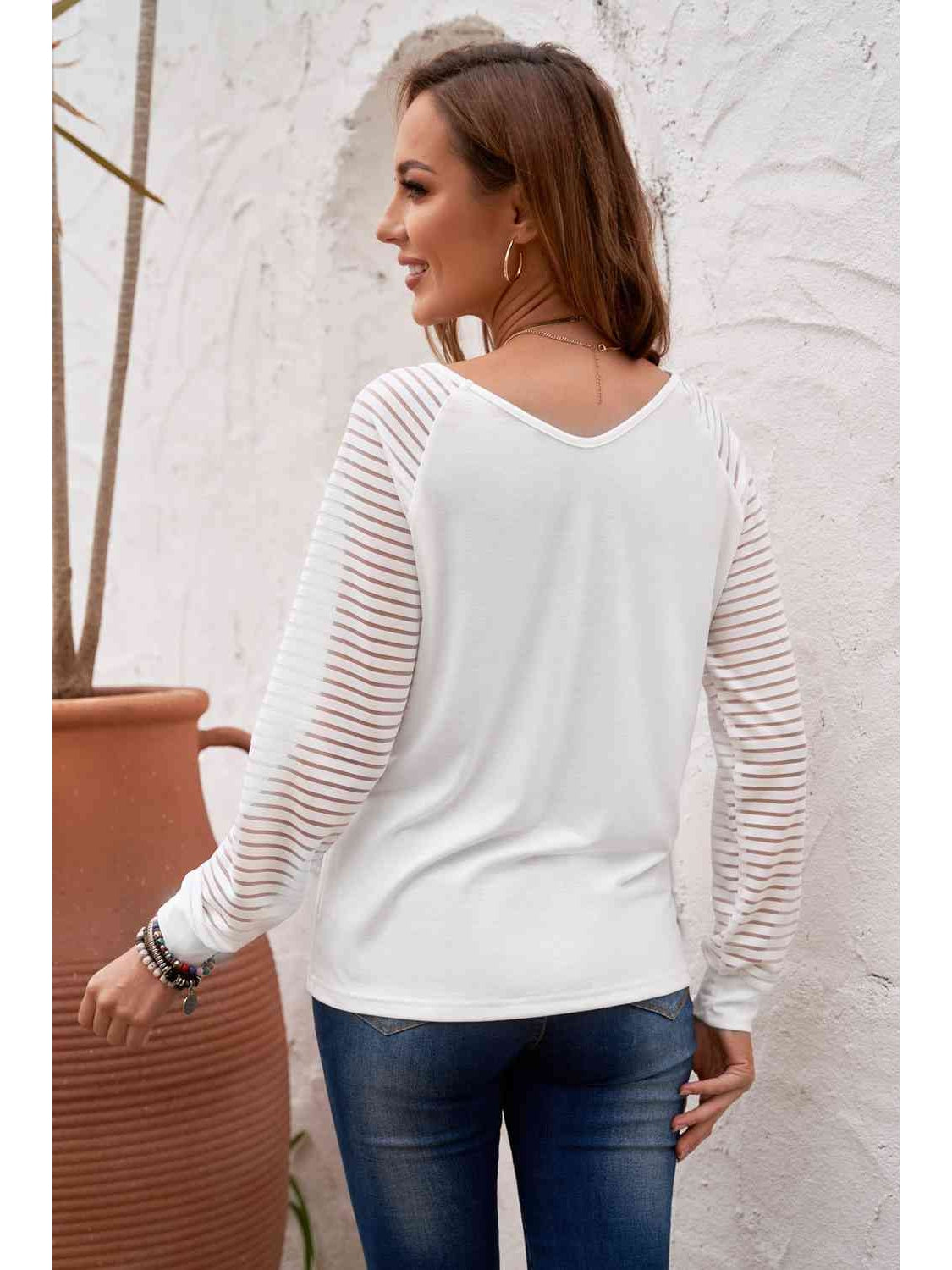 Women Sheer Striped V-Neck Top nicholesgifts