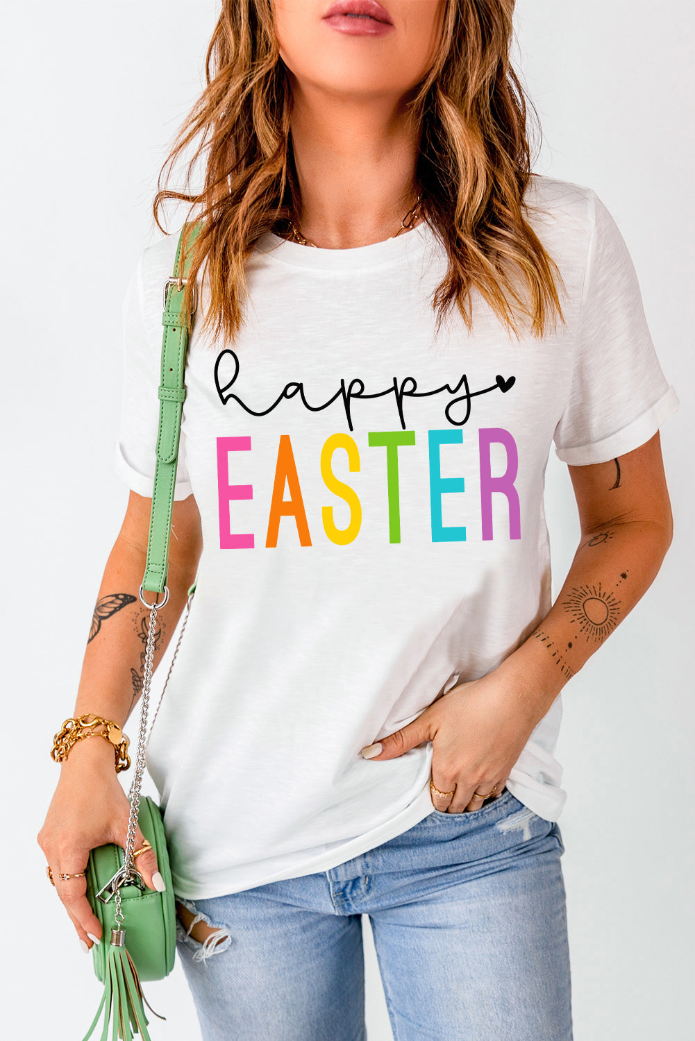 Women Happy Easter Round Neck Short Sleeve T-Shirt nicholesgifts