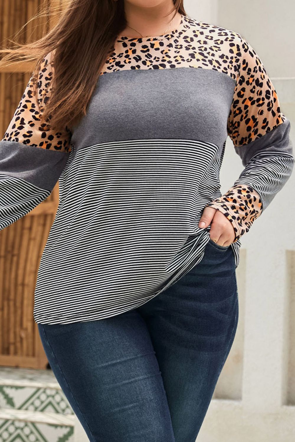Plus Size Women Striped Round Neck Long Sleeve T-Shirt - NicholesGifts.online