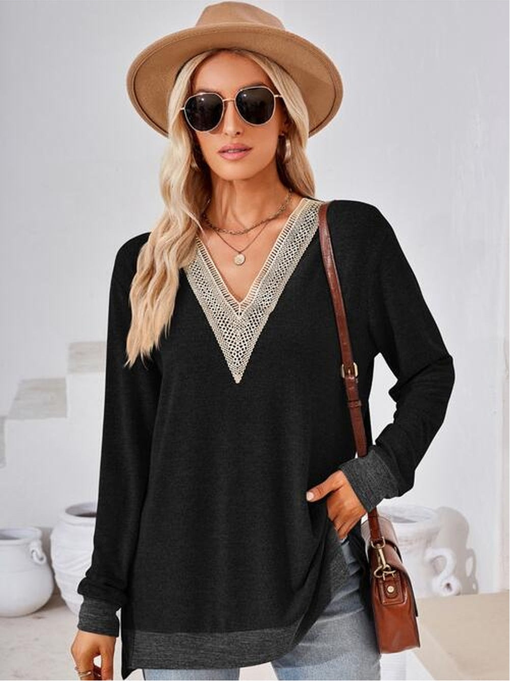 Women Crochet Contrast V-Neck Long Sleeve Slit T-Shirt nicholesgifts