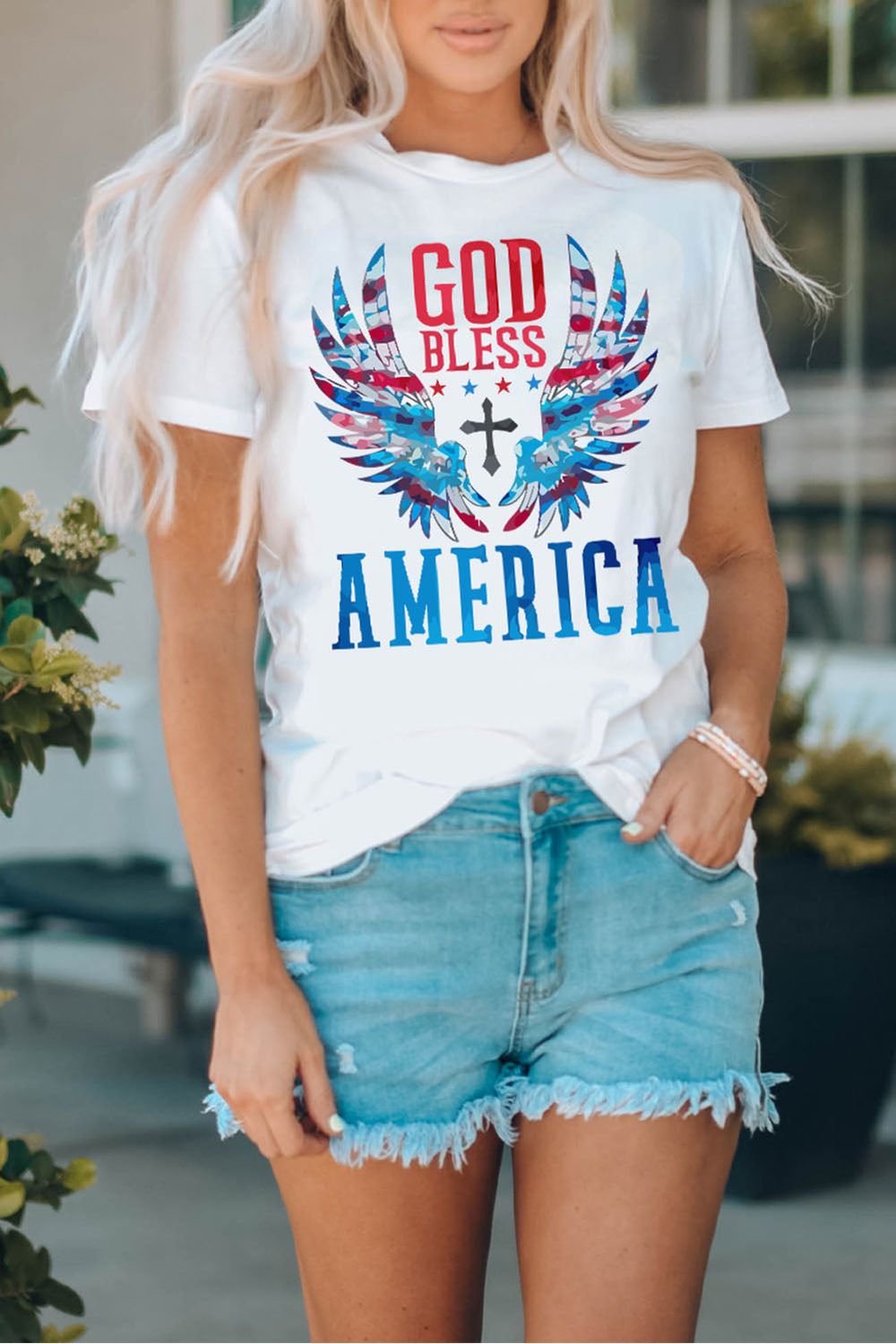 Women GOD BLESS AMERICA Cuffed Tee Shirt nicholesgifts