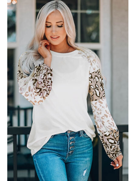 Women Leopard Round Neck Dropped Shoulder T-Shirt nicholesgifts