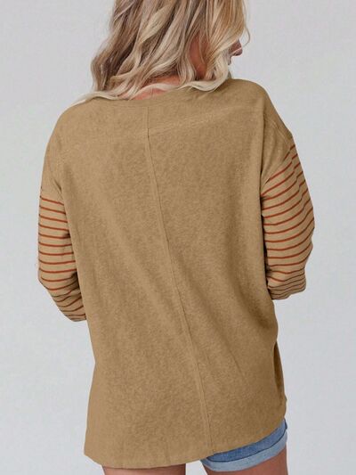 Women Round Neck Striped Long Sleeve Slit T-Shirt