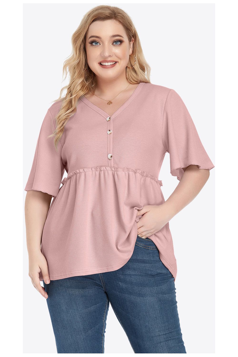 Plus Size Women Buttoned V-Neck Frill Trim Babydoll Blouse nicholesgifts